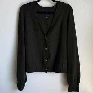 GAP Dark Green Button-Up Front Cardigan, V-Neck, Rib Trim, Size Medium